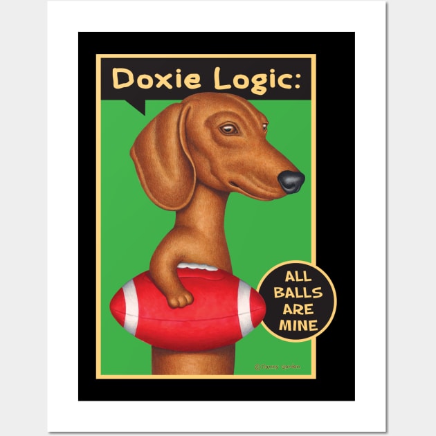 Football Doxie Dog on Dachshund Holding Red Football tee Wall Art by Danny Gordon Art